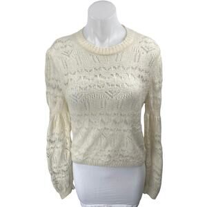 Zara Women's Cream White Lace Crochet Long Sleeve Crewneck Sheer Sweater Top M